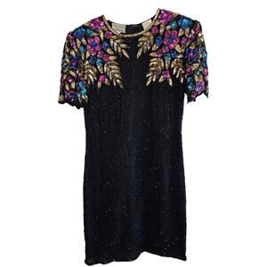 Vintage Stenay Silk Dress Women Sz 4 Black Sequin 80s Beaded Evening Whimsygoth